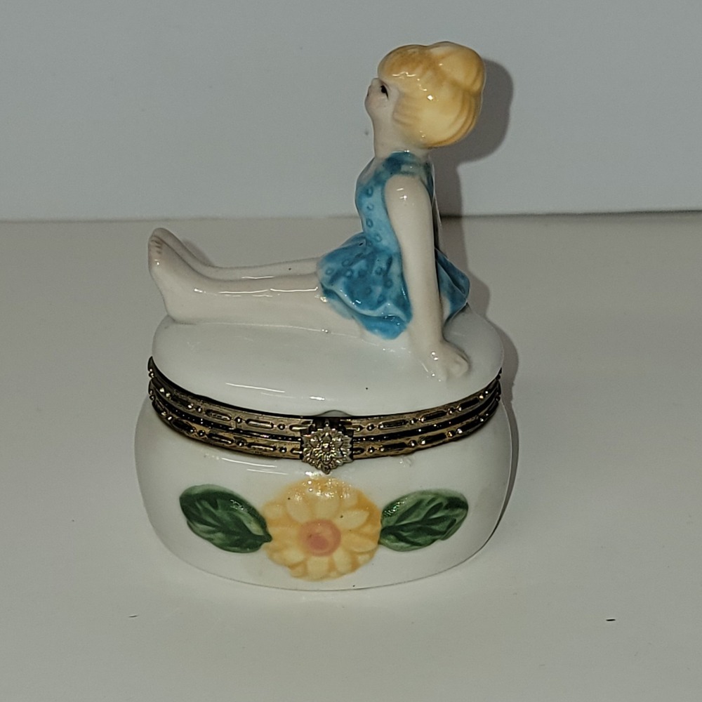 Small Trinket Box w/ Girl Sitting on Top and Floral Decoration